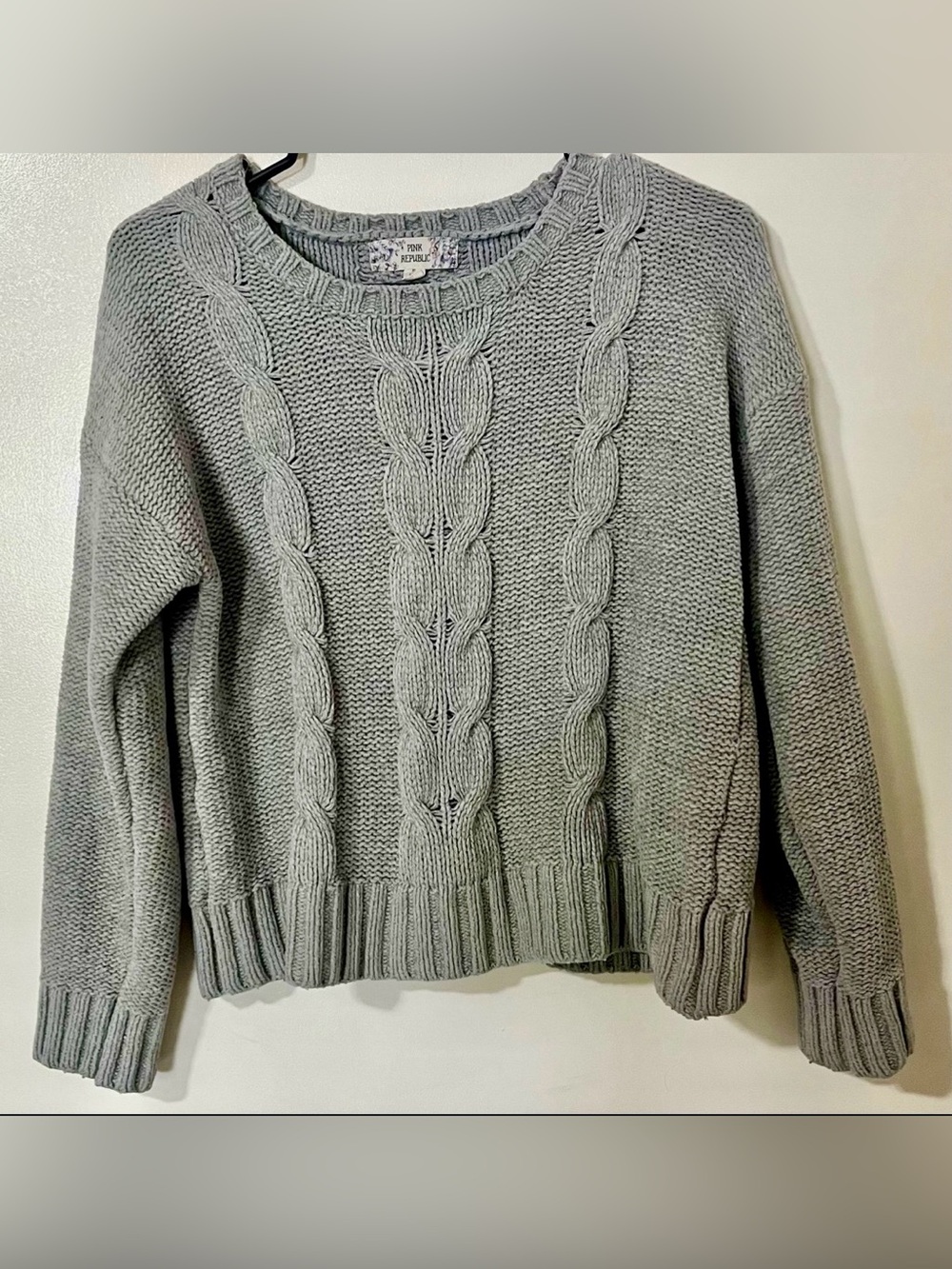 Pink Republic Light Gray Cable Knit Crewneck Sweater